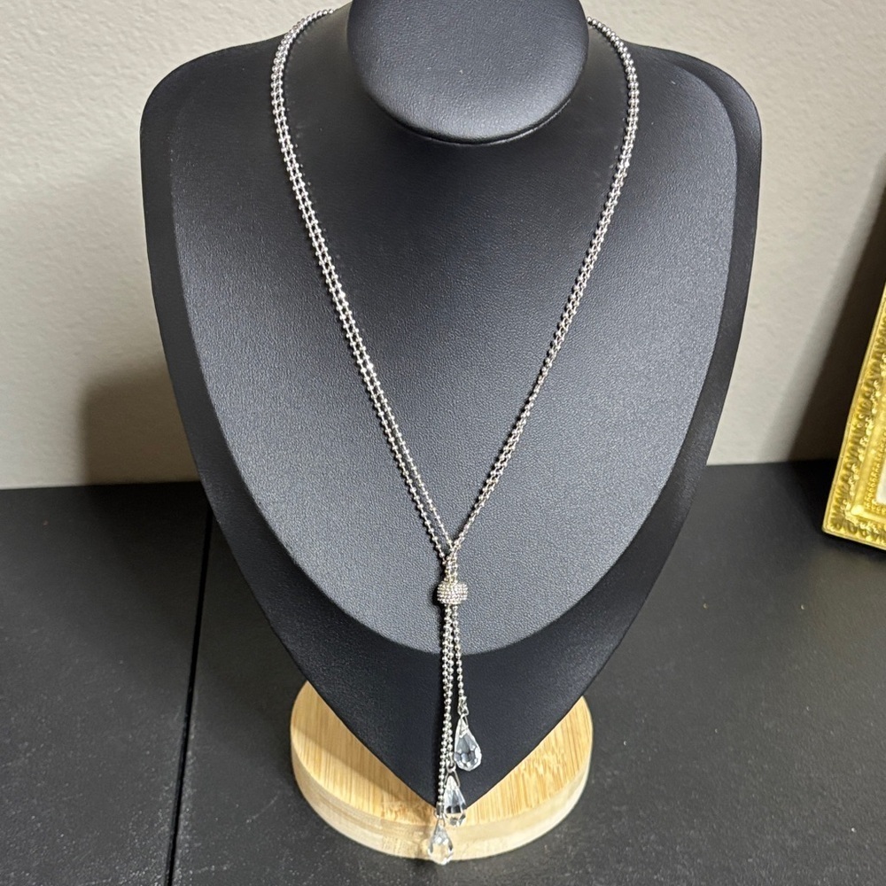 Cookie Lee Double Ball Chain Glass Teardrop Tassel Lariat Necklace